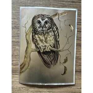 Vtg MCM 1980 Brown Owl Foil Artwork Decor Made In England Aesthetic Impressions